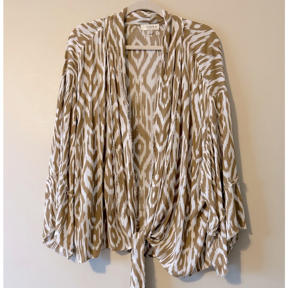 Umgee Ikat Print Kimono Bell Sleeve Tie Front 1X/2X Fray Edge Boho Cardigan - Picture 2 of 9
